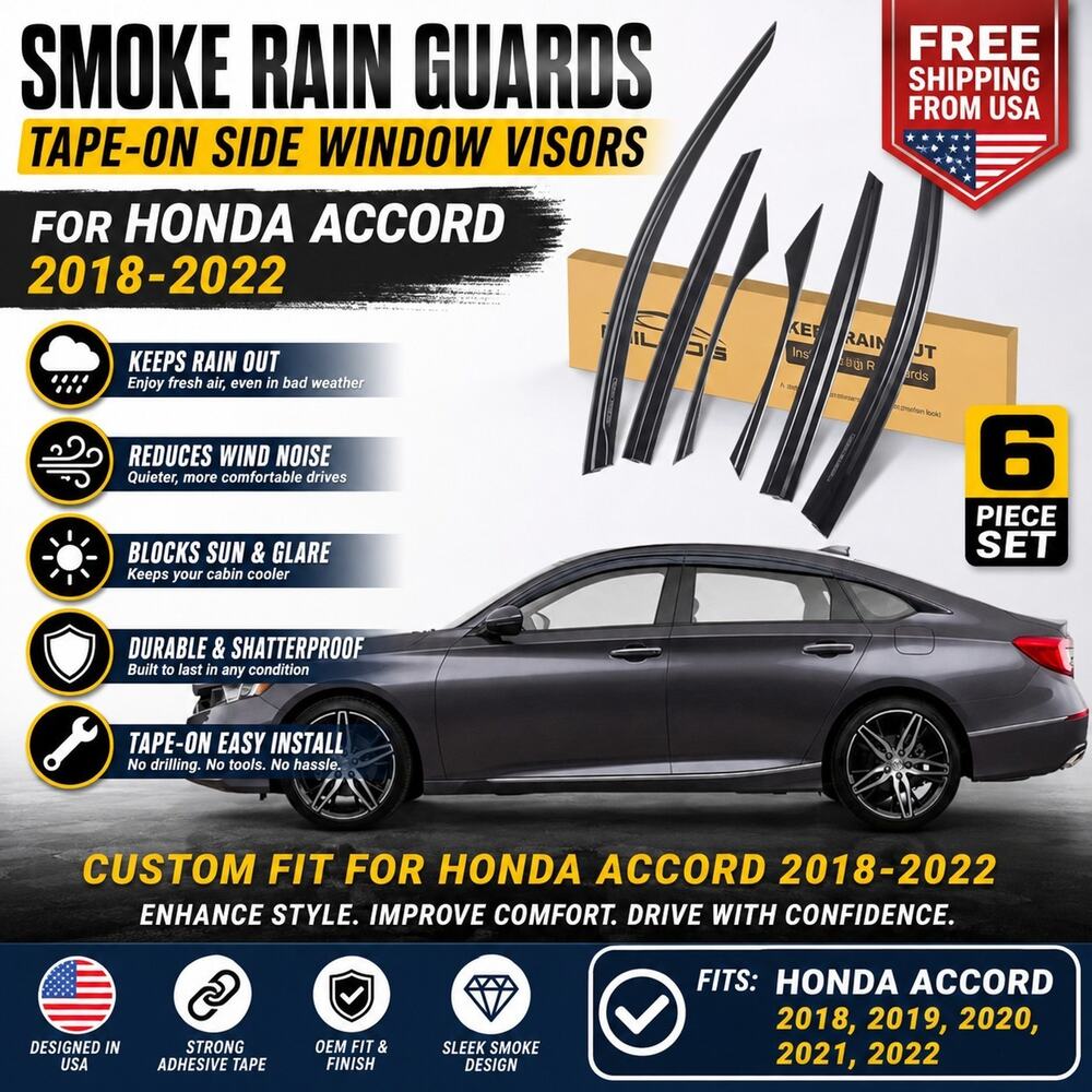 Window Visor Vent Rain Guards Deflectors Fit For 2018-2022 Honda Accord 6 Pieces